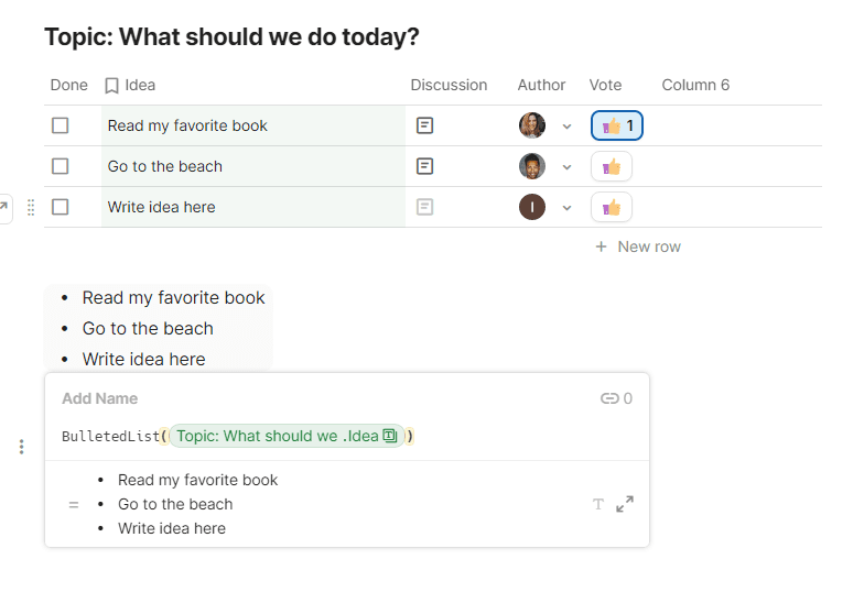 Coda list items from table